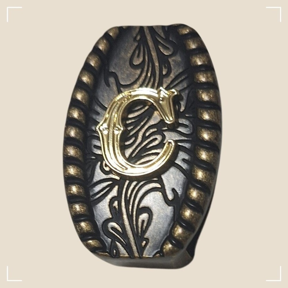 Western Initial C Belt Slide Keeper Two Tone Floral Scroll Rope Edge Oval